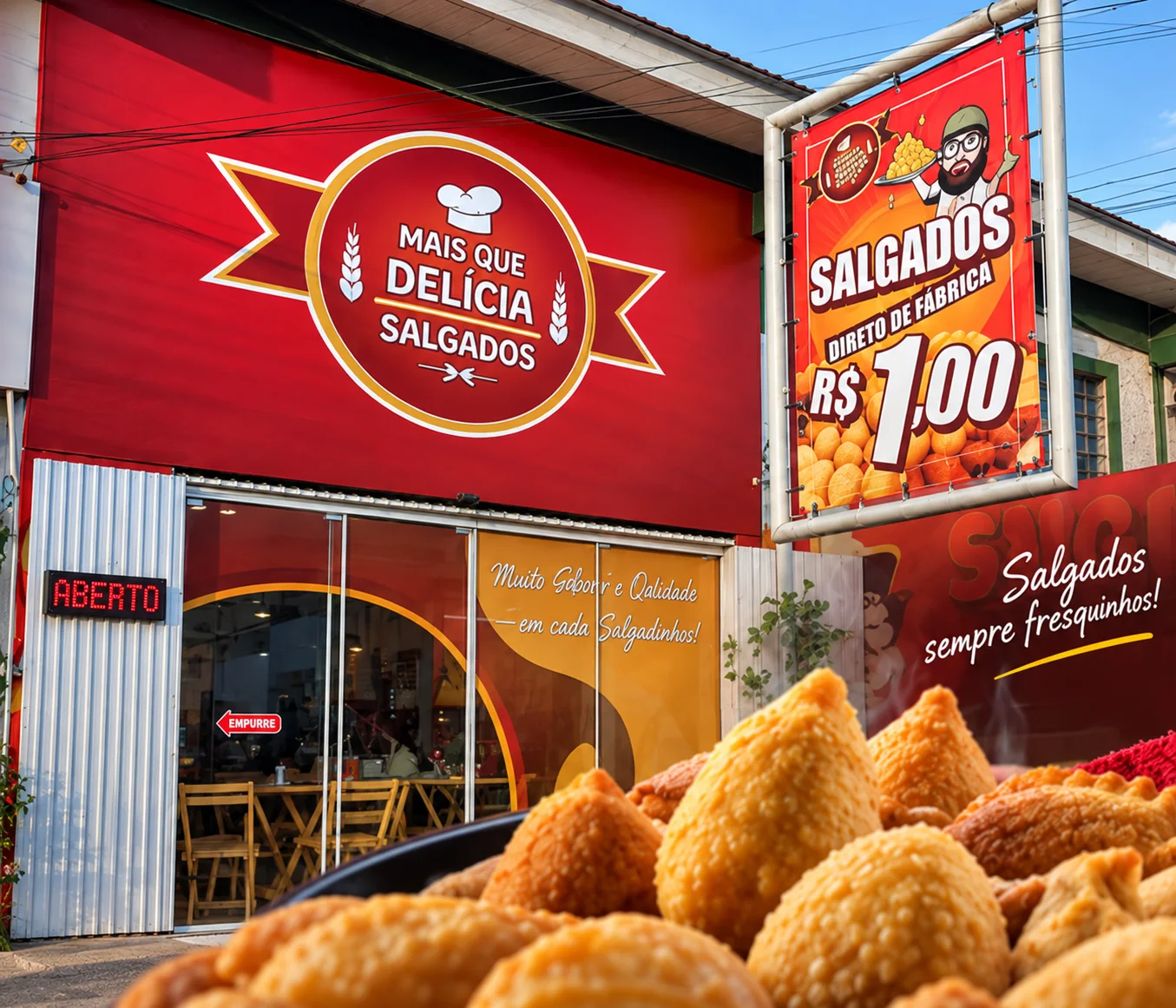 Fachada da Mais que Delícia Salgados, cartaz com o preço de R$ 1,00 e letreiro ABERTO