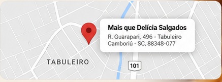 Mapa indicando a loja Mais que Delícia Salgados, na Rua Guarapari, 496, Tabuleiro, Camboriú